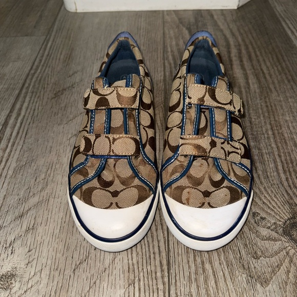Coach Barrett Canvas logo sneakers brown blue patent leather trim 8 EUC Velcro - Picture 2 of 7